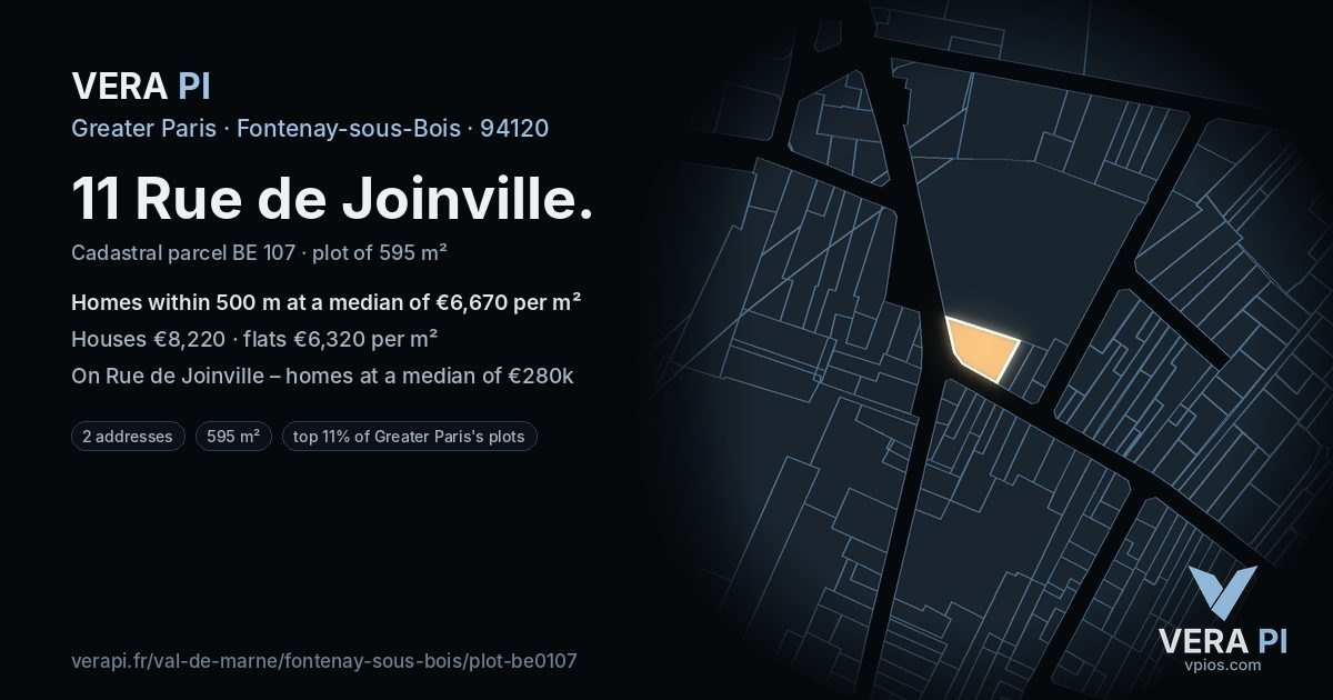 11 Rue de Joinville, Fontenay-sous-Bois at night – the plot lit, the parcels around coloured by the prices near them