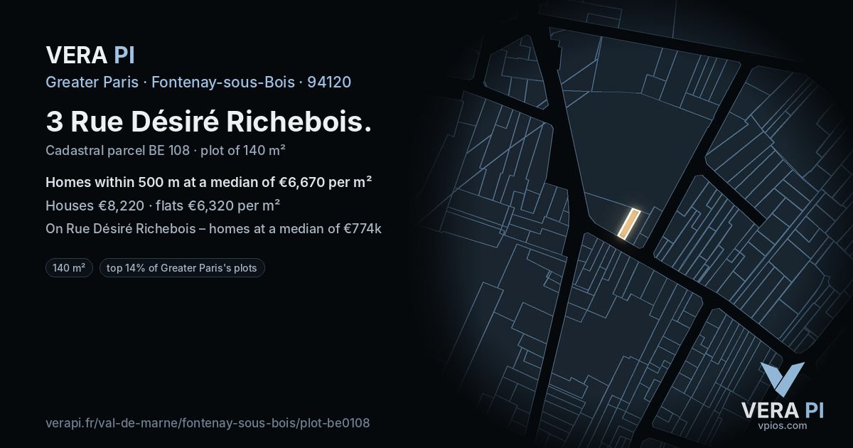3 Rue Désiré Richebois, Fontenay-sous-Bois at night – the plot lit, the parcels around coloured by the prices near them