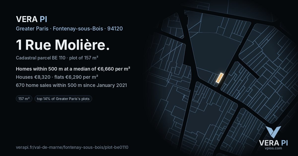 1 Rue Molière, Fontenay-sous-Bois at night – the plot lit, the parcels around coloured by the prices near them