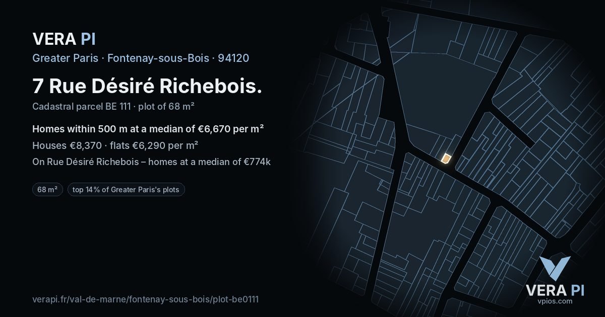 7 Rue Désiré Richebois, Fontenay-sous-Bois at night – the plot lit, the parcels around coloured by the prices near them