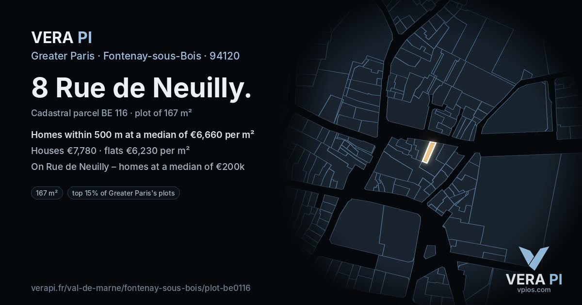 8 Rue de Neuilly, Fontenay-sous-Bois at night – the plot lit, the parcels around coloured by the prices near them