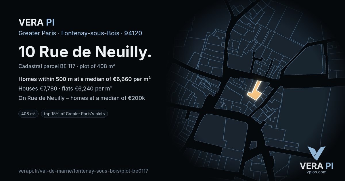 10 Rue de Neuilly, Fontenay-sous-Bois at night – the plot lit, the parcels around coloured by the prices near them