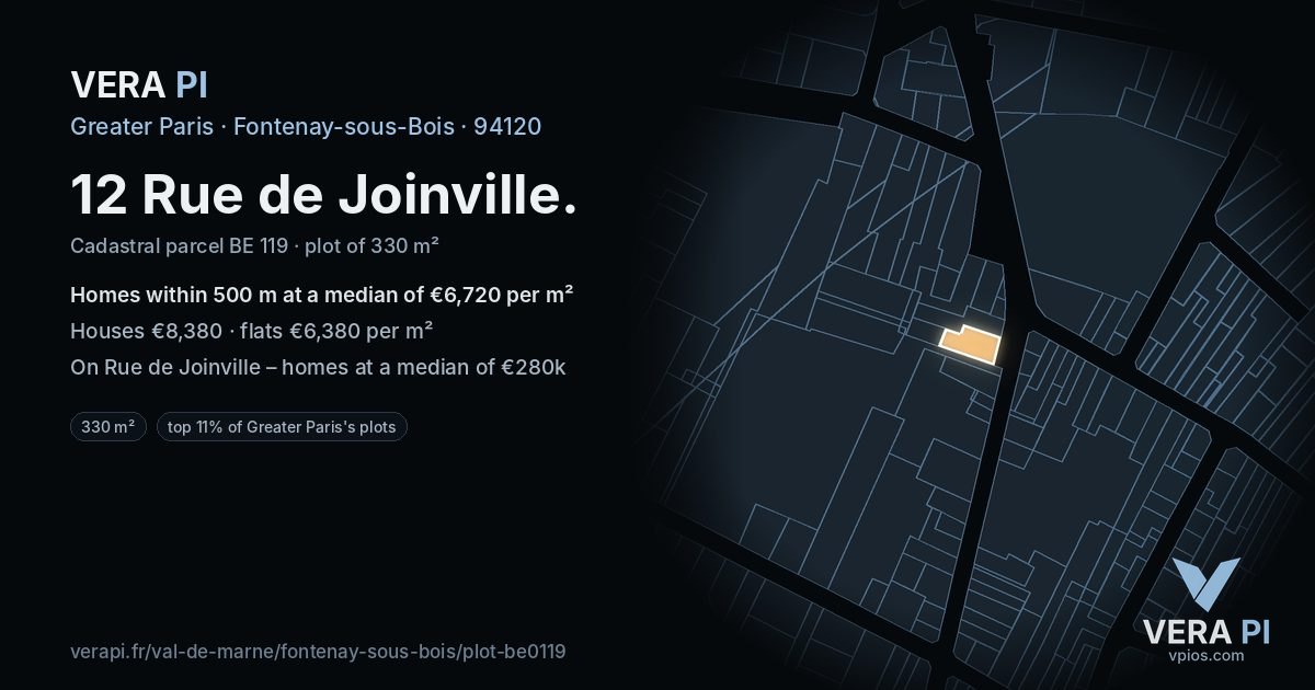 12 Rue de Joinville, Fontenay-sous-Bois at night – the plot lit, the parcels around coloured by the prices near them