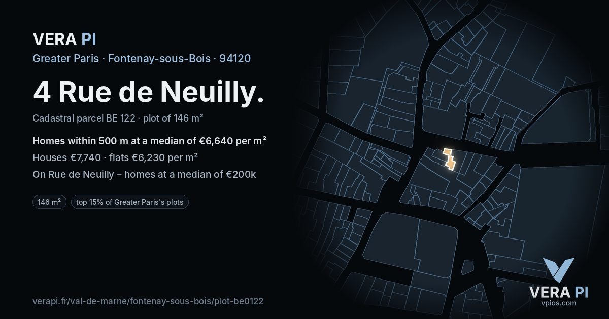 4 Rue de Neuilly, Fontenay-sous-Bois at night – the plot lit, the parcels around coloured by the prices near them