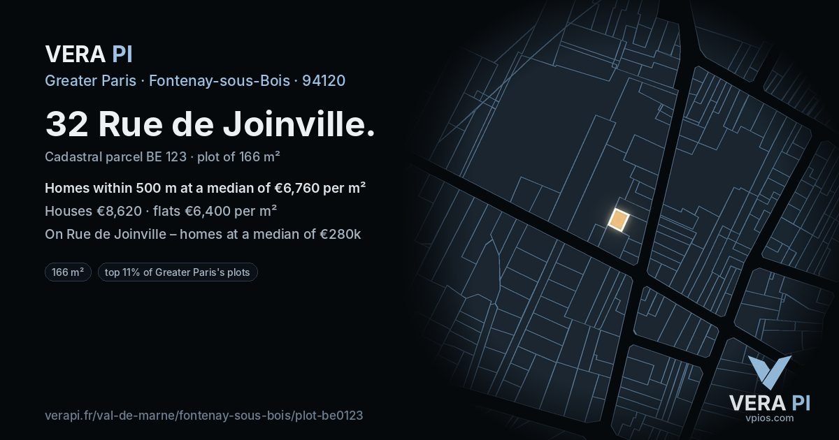 32 Rue de Joinville, Fontenay-sous-Bois at night – the plot lit, the parcels around coloured by the prices near them