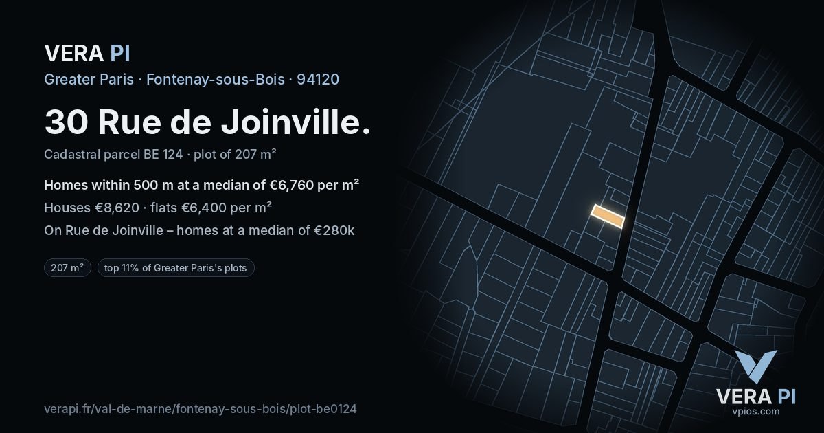 30 Rue de Joinville, Fontenay-sous-Bois at night – the plot lit, the parcels around coloured by the prices near them