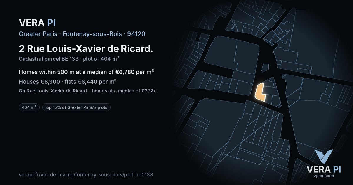 2 Rue Louis-Xavier de Ricard, Fontenay-sous-Bois at night – the plot lit, the parcels around coloured by the prices near them