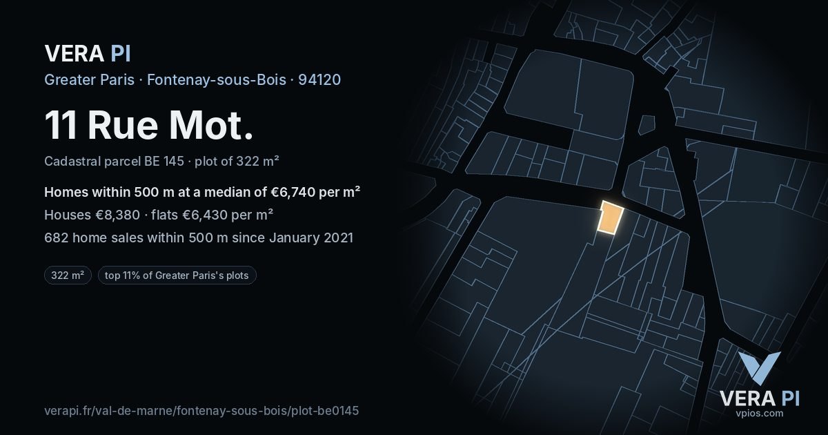 11 Rue Mot, Fontenay-sous-Bois at night – the plot lit, the parcels around coloured by the prices near them