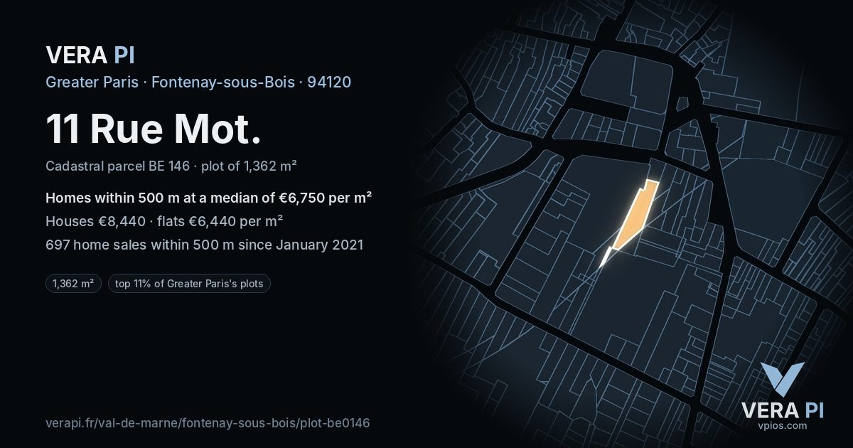 11 Rue Mot, Fontenay-sous-Bois at night – the plot lit, the parcels around coloured by the prices near them