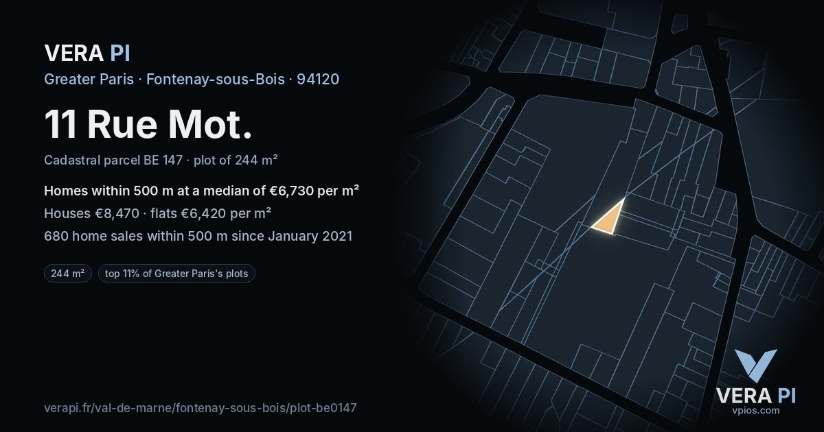 11 Rue Mot, Fontenay-sous-Bois at night – the plot lit, the parcels around coloured by the prices near them