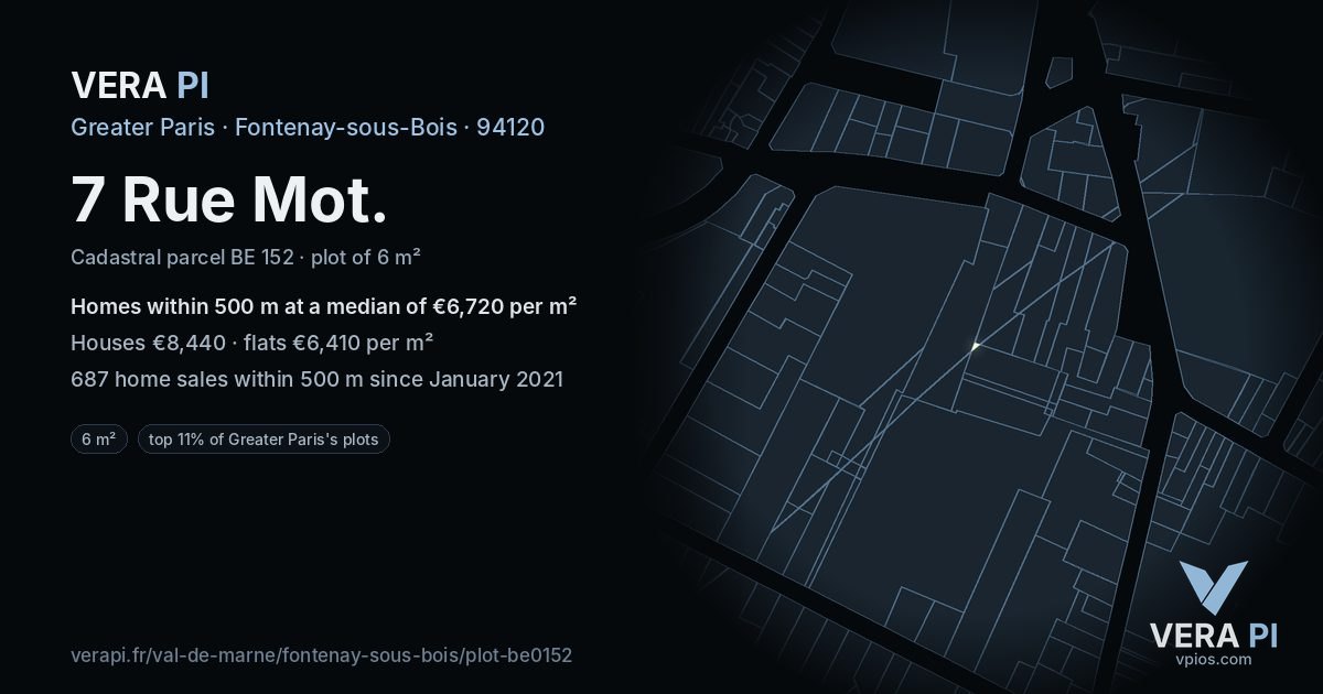 7 Rue Mot, Fontenay-sous-Bois at night – the plot lit, the parcels around coloured by the prices near them
