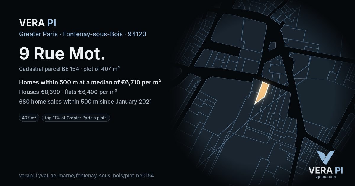 9 Rue Mot, Fontenay-sous-Bois at night – the plot lit, the parcels around coloured by the prices near them