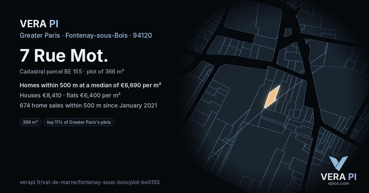 7 Rue Mot, Fontenay-sous-Bois at night – the plot lit, the parcels around coloured by the prices near them
