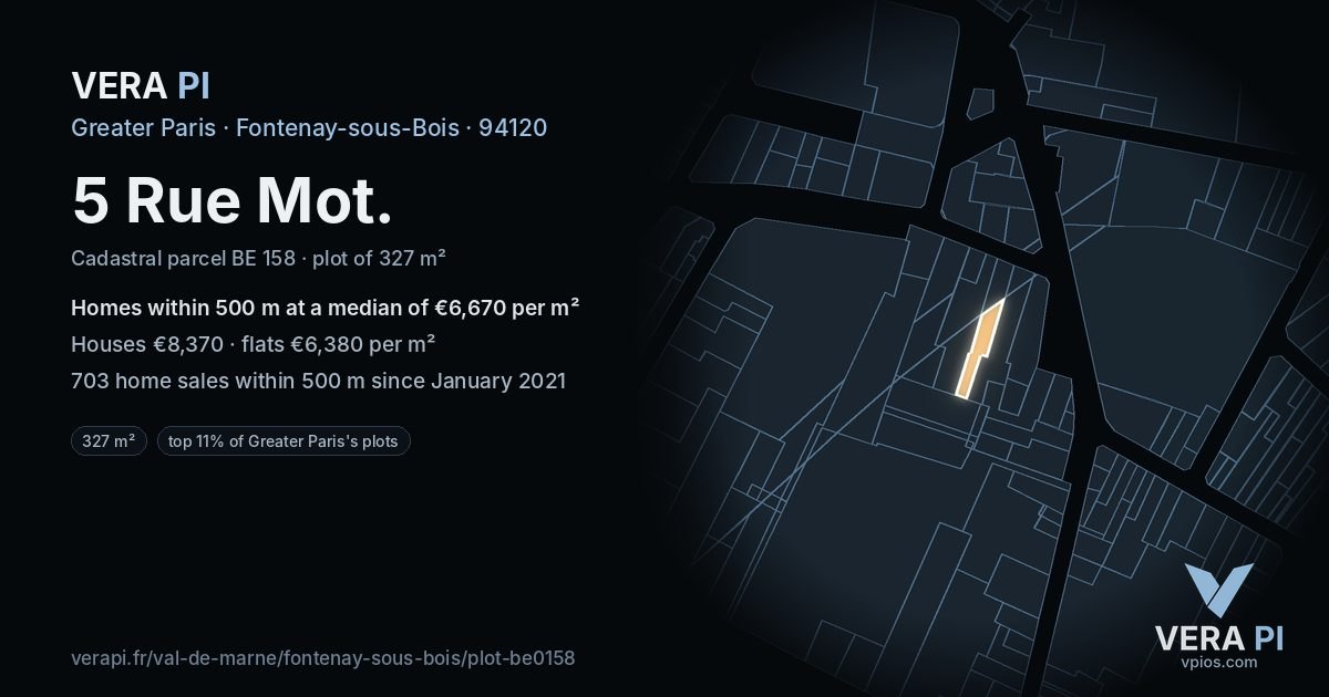 5 Rue Mot, Fontenay-sous-Bois at night – the plot lit, the parcels around coloured by the prices near them