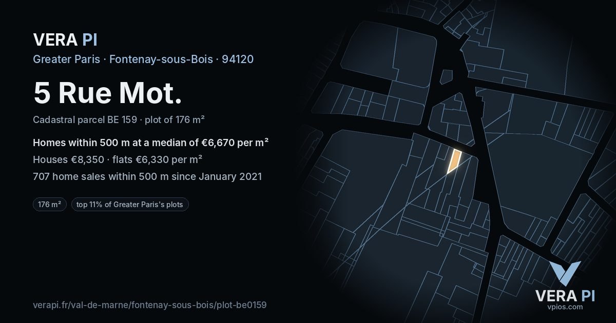 5 Rue Mot, Fontenay-sous-Bois at night – the plot lit, the parcels around coloured by the prices near them