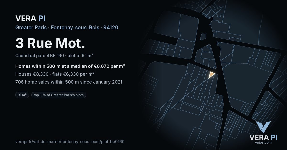 3 Rue Mot, Fontenay-sous-Bois at night – the plot lit, the parcels around coloured by the prices near them
