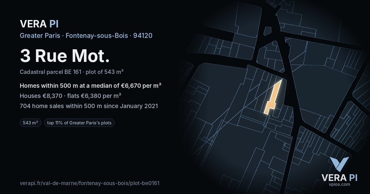 3 Rue Mot, Fontenay-sous-Bois at night – the plot lit, the parcels around coloured by the prices near them