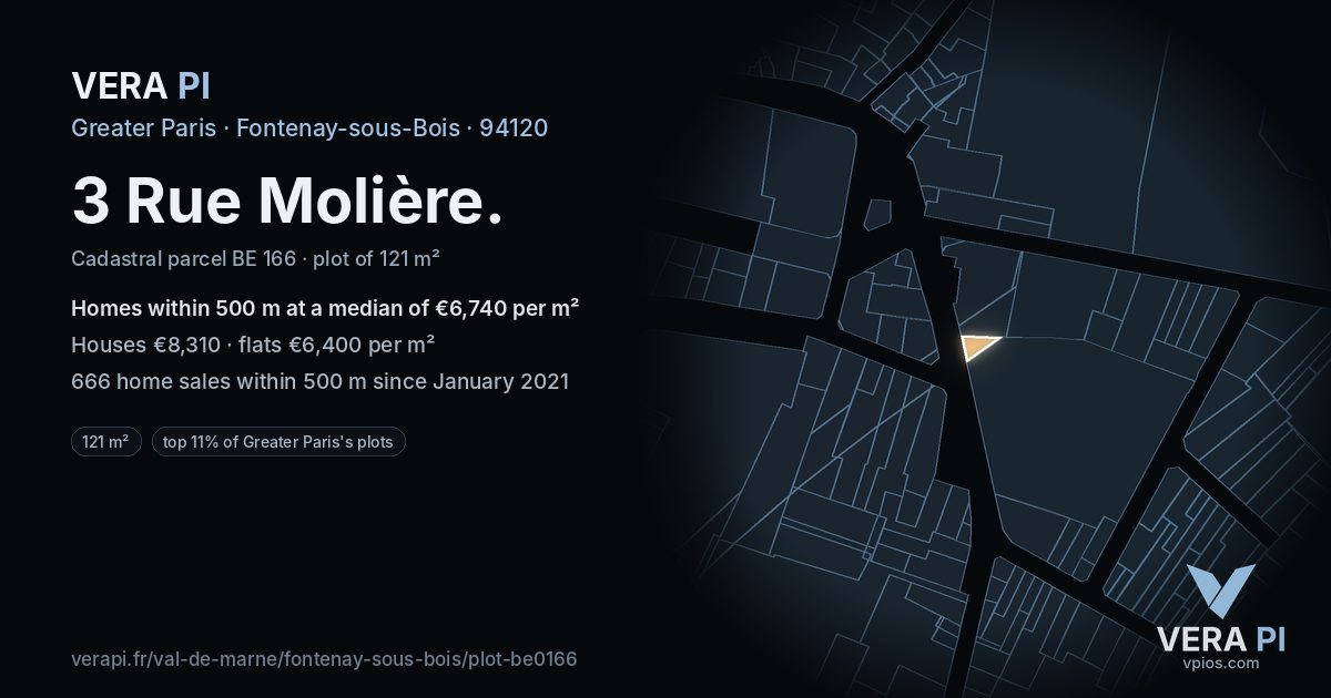 3 Rue Molière, Fontenay-sous-Bois at night – the plot lit, the parcels around coloured by the prices near them
