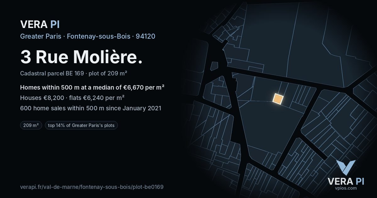 3 Rue Molière, Fontenay-sous-Bois at night – the plot lit, the parcels around coloured by the prices near them