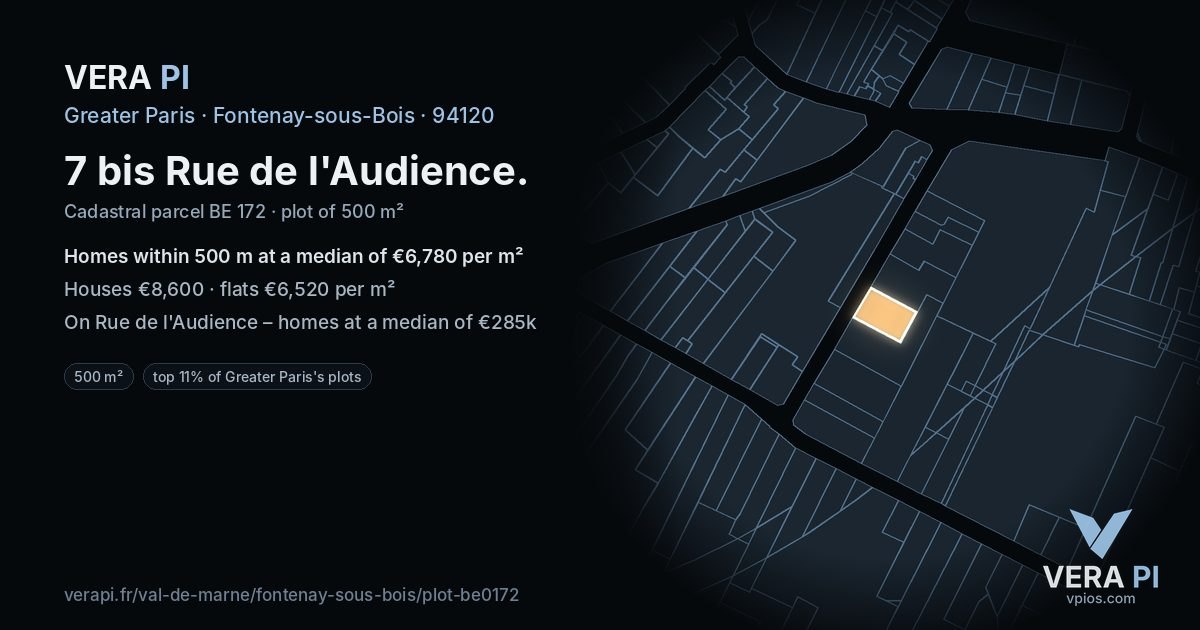 7 bis Rue de l'Audience, Fontenay-sous-Bois at night – the plot lit, the parcels around coloured by the prices near them