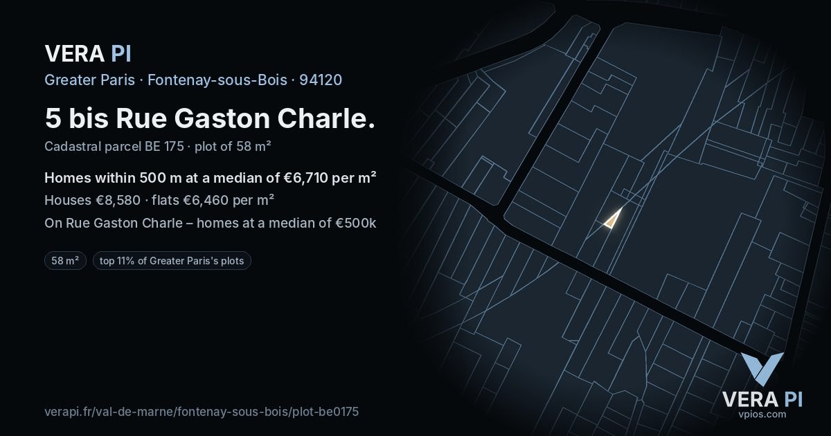 5 bis Rue Gaston Charle, Fontenay-sous-Bois at night – the plot lit, the parcels around coloured by the prices near them