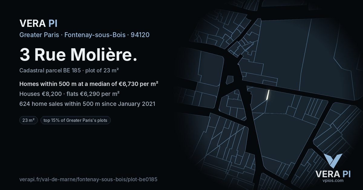 3 Rue Molière, Fontenay-sous-Bois at night – the plot lit, the parcels around coloured by the prices near them