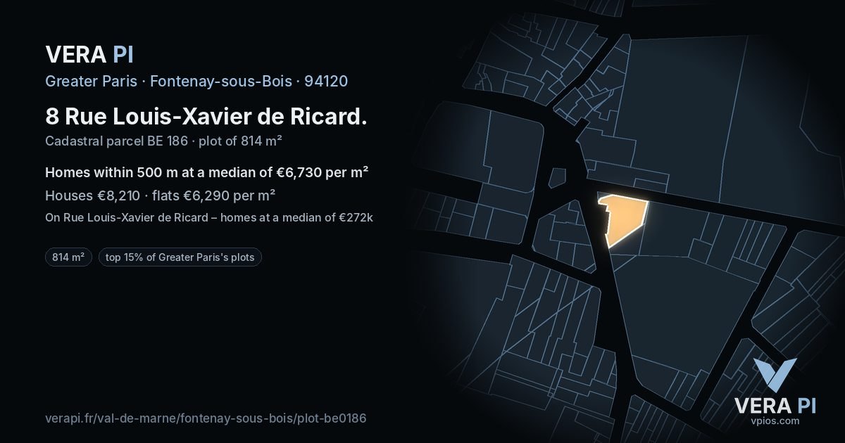 8 Rue Louis-Xavier de Ricard, Fontenay-sous-Bois at night – the plot lit, the parcels around coloured by the prices near them