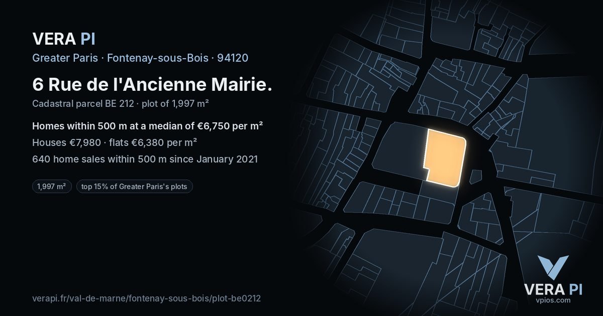 6 Rue de l'Ancienne Mairie, Fontenay-sous-Bois at night – the plot lit, the parcels around coloured by the prices near them