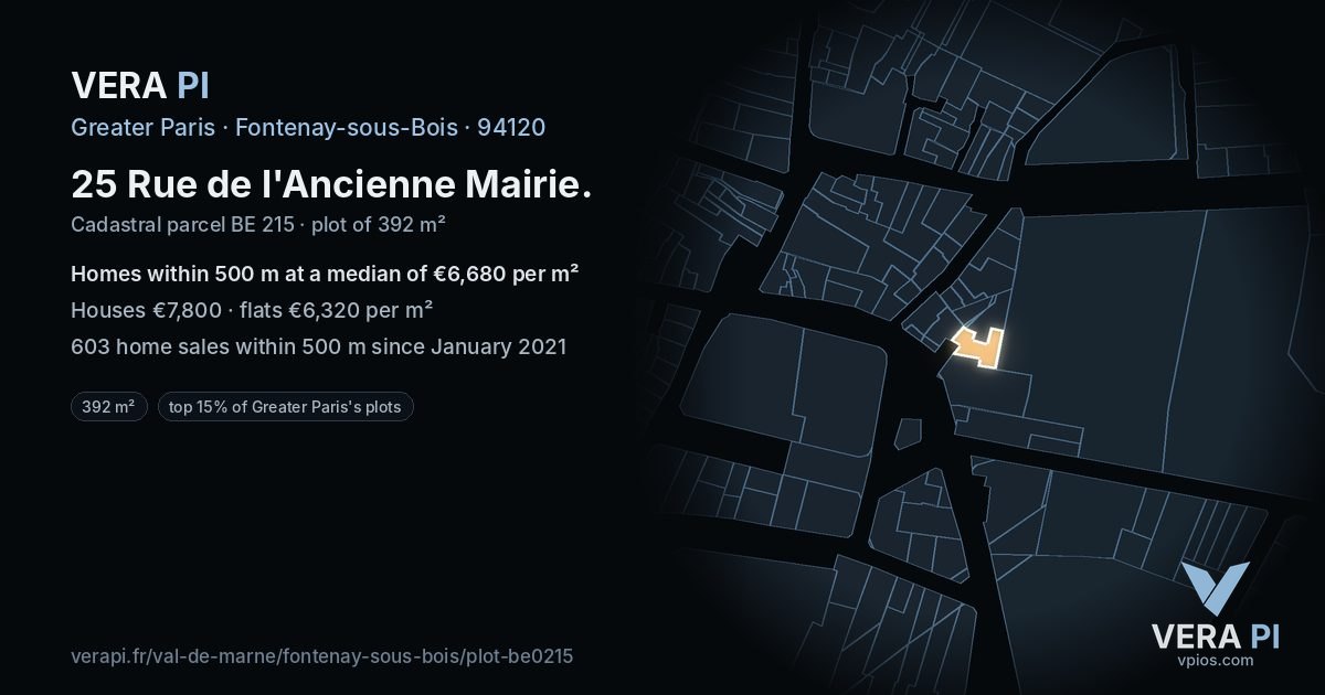 25 Rue de l'Ancienne Mairie, Fontenay-sous-Bois at night – the plot lit, the parcels around coloured by the prices near them