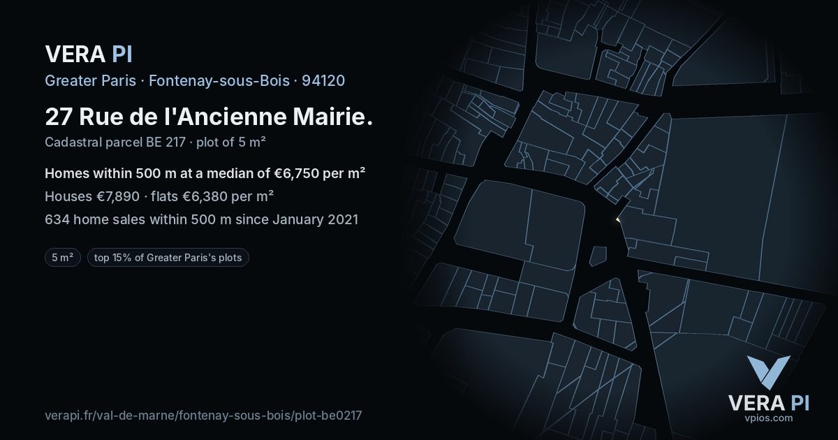 27 Rue de l'Ancienne Mairie, Fontenay-sous-Bois at night – the plot lit, the parcels around coloured by the prices near them