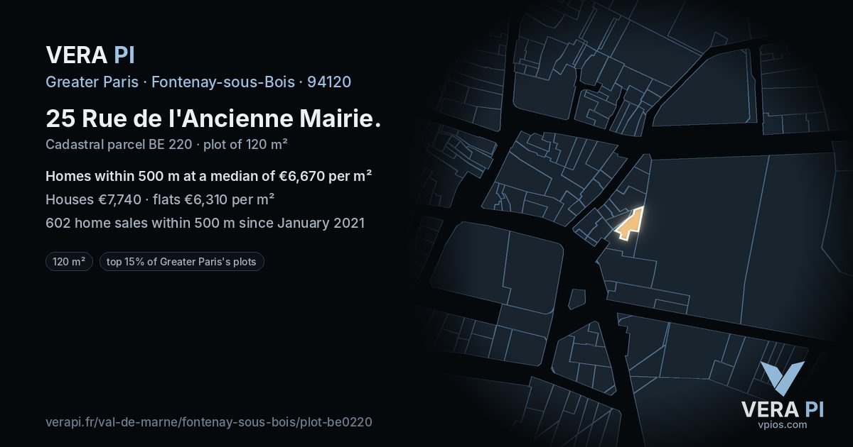 25 Rue de l'Ancienne Mairie, Fontenay-sous-Bois at night – the plot lit, the parcels around coloured by the prices near them