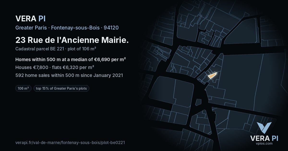 23 Rue de l'Ancienne Mairie, Fontenay-sous-Bois at night – the plot lit, the parcels around coloured by the prices near them