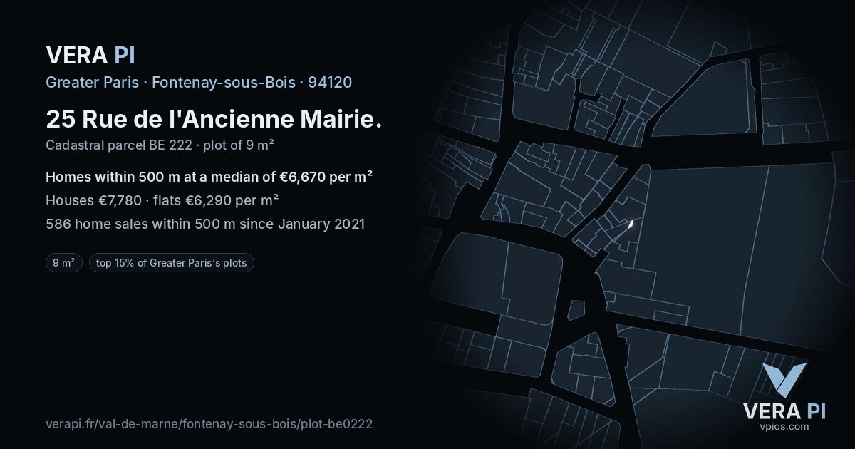 25 Rue de l'Ancienne Mairie, Fontenay-sous-Bois at night – the plot lit, the parcels around coloured by the prices near them