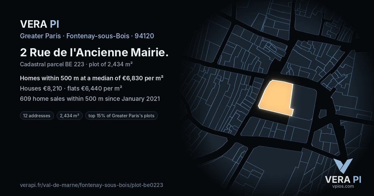 2 Rue de l'Ancienne Mairie, Fontenay-sous-Bois at night – the plot lit, the parcels around coloured by the prices near them