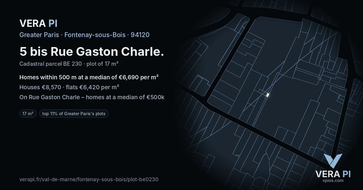 5 bis Rue Gaston Charle, Fontenay-sous-Bois at night – the plot lit, the parcels around coloured by the prices near them