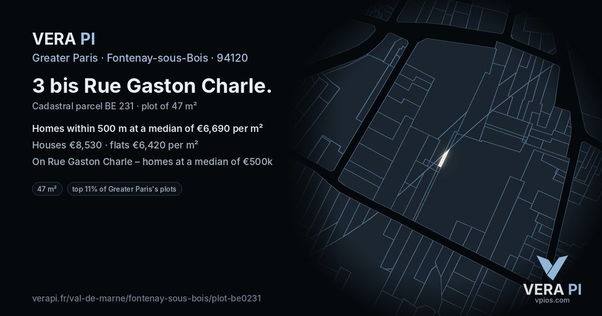 3 bis Rue Gaston Charle, Fontenay-sous-Bois at night – the plot lit, the parcels around coloured by the prices near them