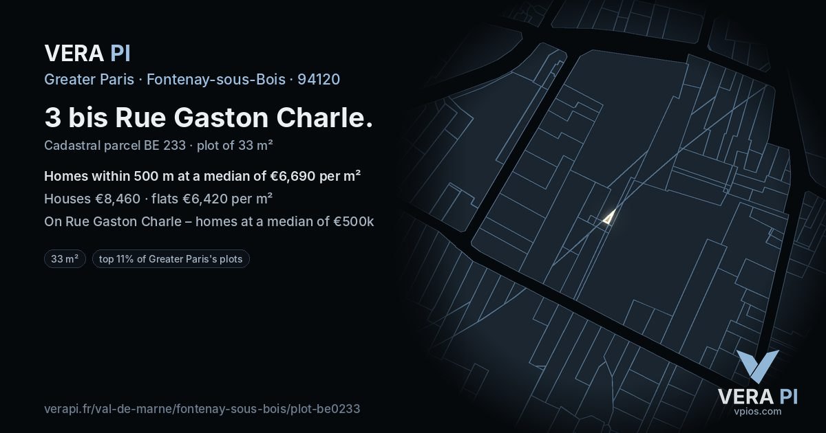 3 bis Rue Gaston Charle, Fontenay-sous-Bois at night – the plot lit, the parcels around coloured by the prices near them
