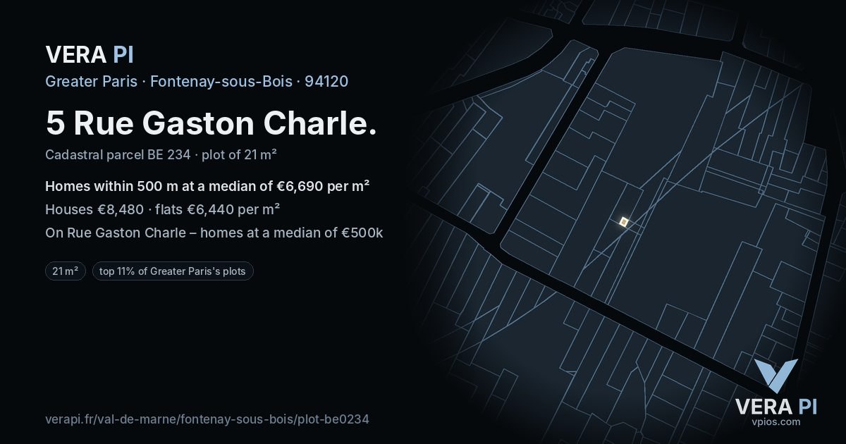 5 Rue Gaston Charle, Fontenay-sous-Bois at night – the plot lit, the parcels around coloured by the prices near them