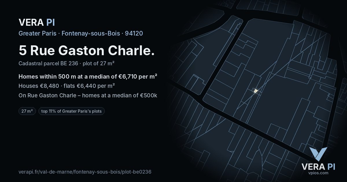5 Rue Gaston Charle, Fontenay-sous-Bois at night – the plot lit, the parcels around coloured by the prices near them