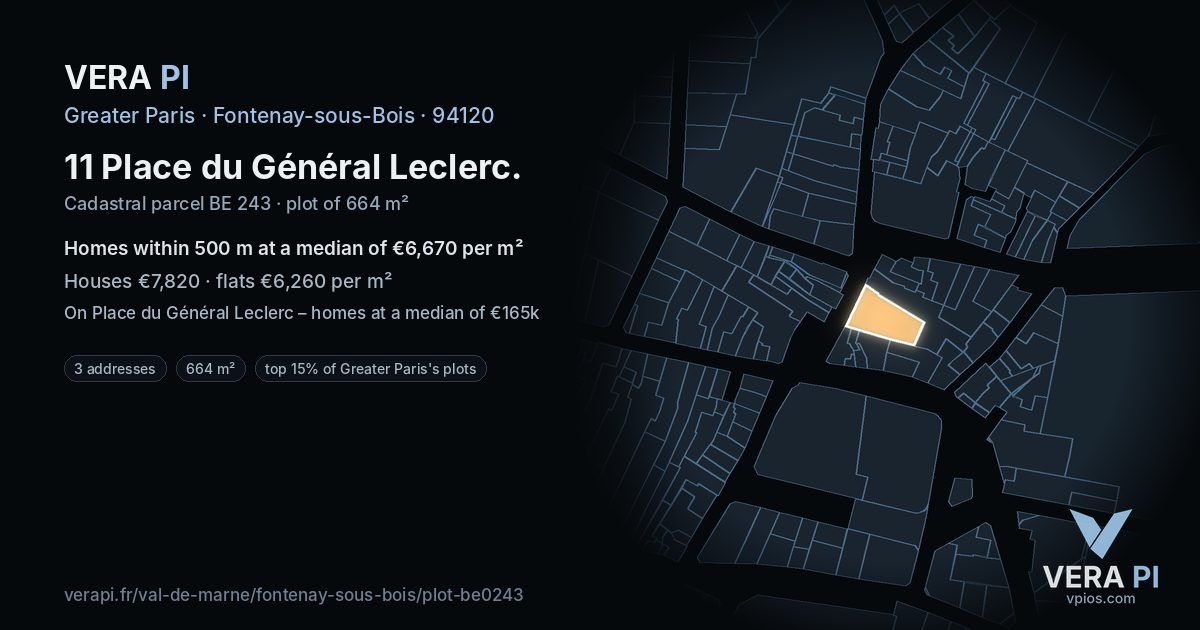11 Place du Général Leclerc, Fontenay-sous-Bois at night – the plot lit, the parcels around coloured by the prices near them
