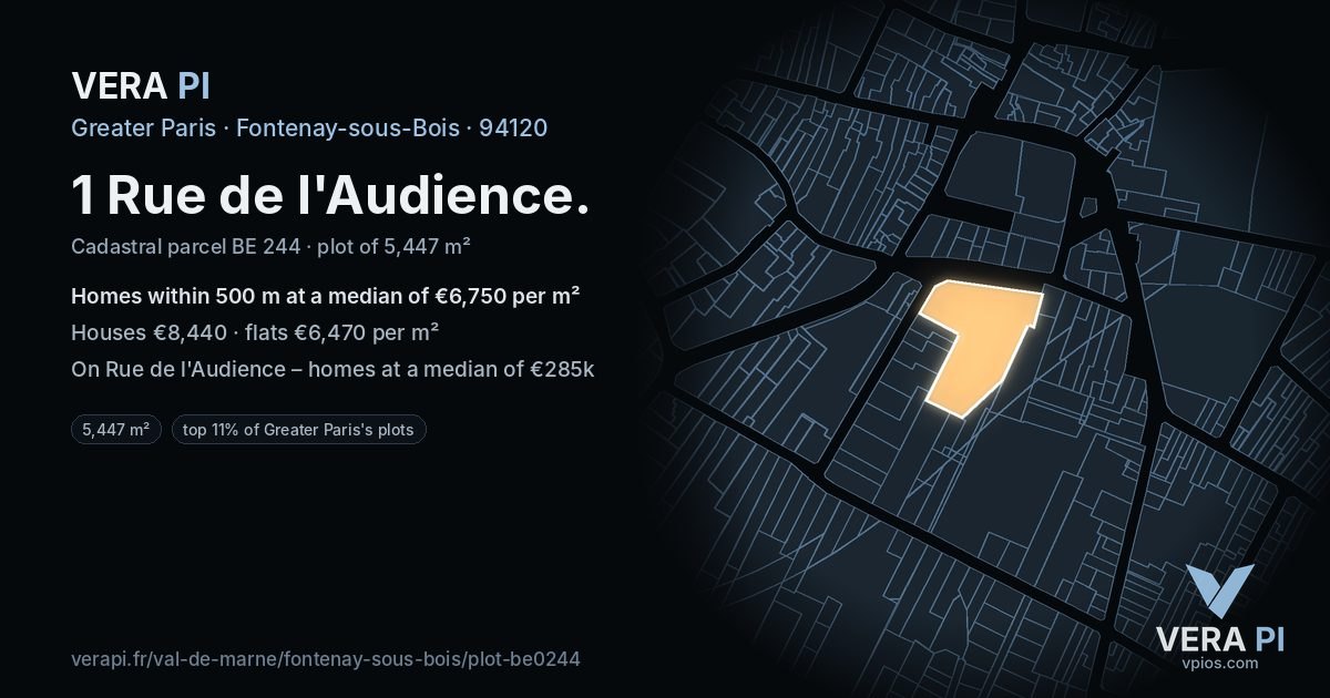1 Rue de l'Audience, Fontenay-sous-Bois at night – the plot lit, the parcels around coloured by the prices near them