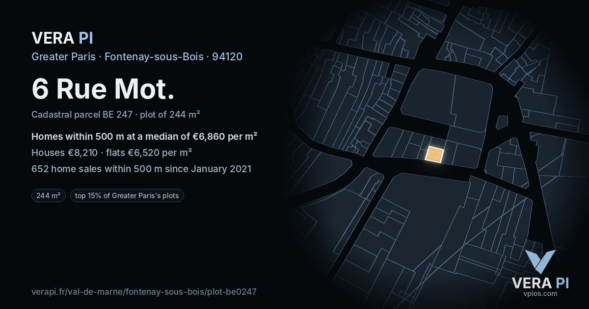 6 Rue Mot, Fontenay-sous-Bois at night – the plot lit, the parcels around coloured by the prices near them