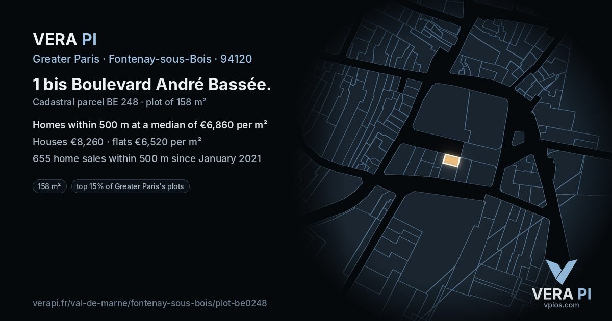 1 bis Boulevard André Bassée, Fontenay-sous-Bois at night – the plot lit, the parcels around coloured by the prices near them