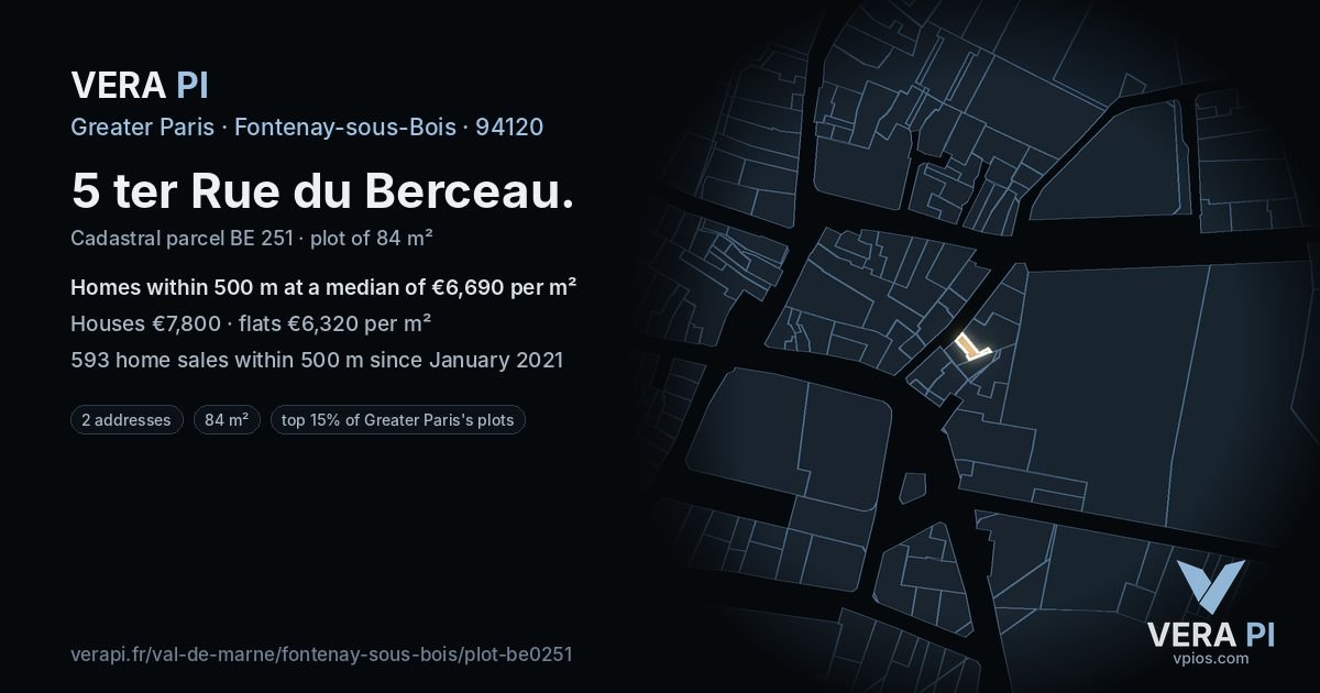 5 ter Rue du Berceau, Fontenay-sous-Bois at night – the plot lit, the parcels around coloured by the prices near them