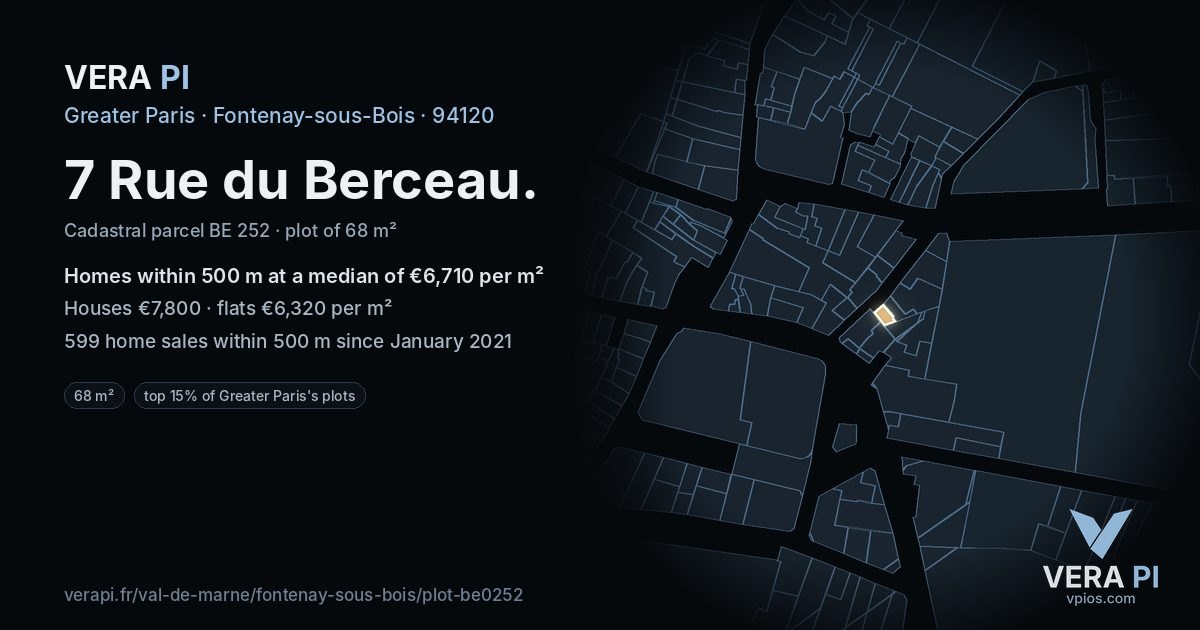 7 Rue du Berceau, Fontenay-sous-Bois at night – the plot lit, the parcels around coloured by the prices near them