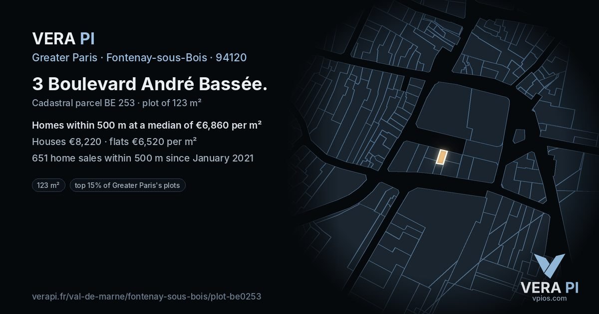 3 Boulevard André Bassée, Fontenay-sous-Bois at night – the plot lit, the parcels around coloured by the prices near them