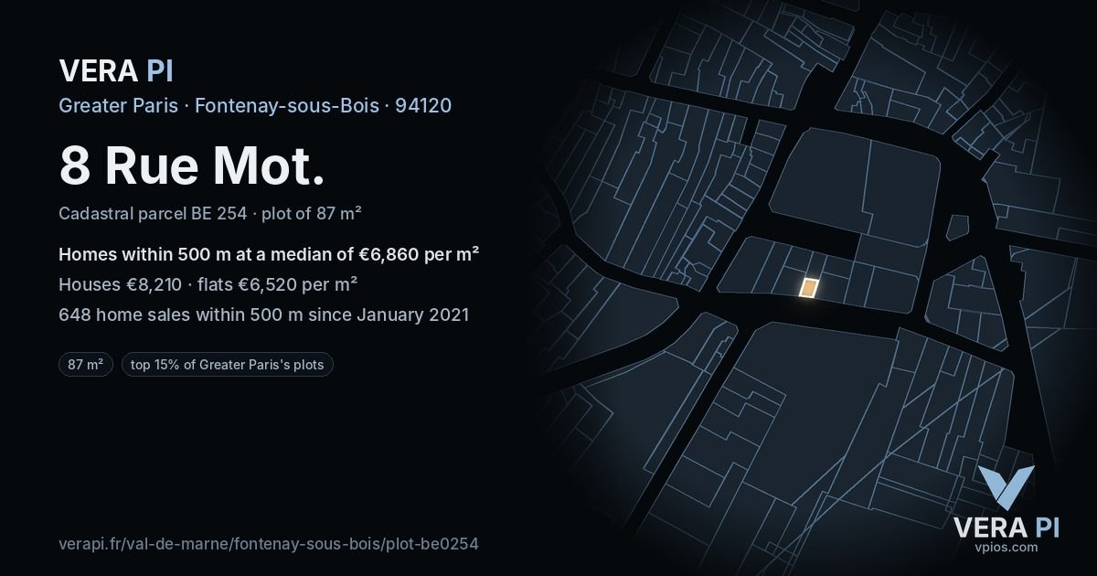8 Rue Mot, Fontenay-sous-Bois at night – the plot lit, the parcels around coloured by the prices near them