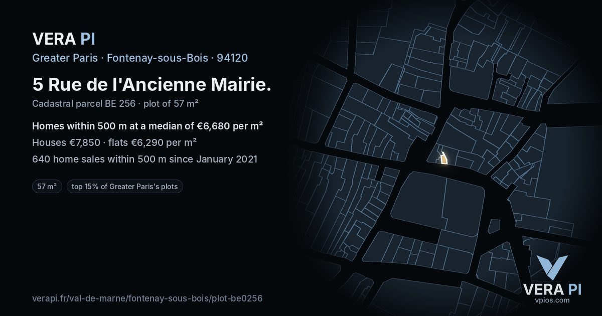 5 Rue de l'Ancienne Mairie, Fontenay-sous-Bois at night – the plot lit, the parcels around coloured by the prices near them