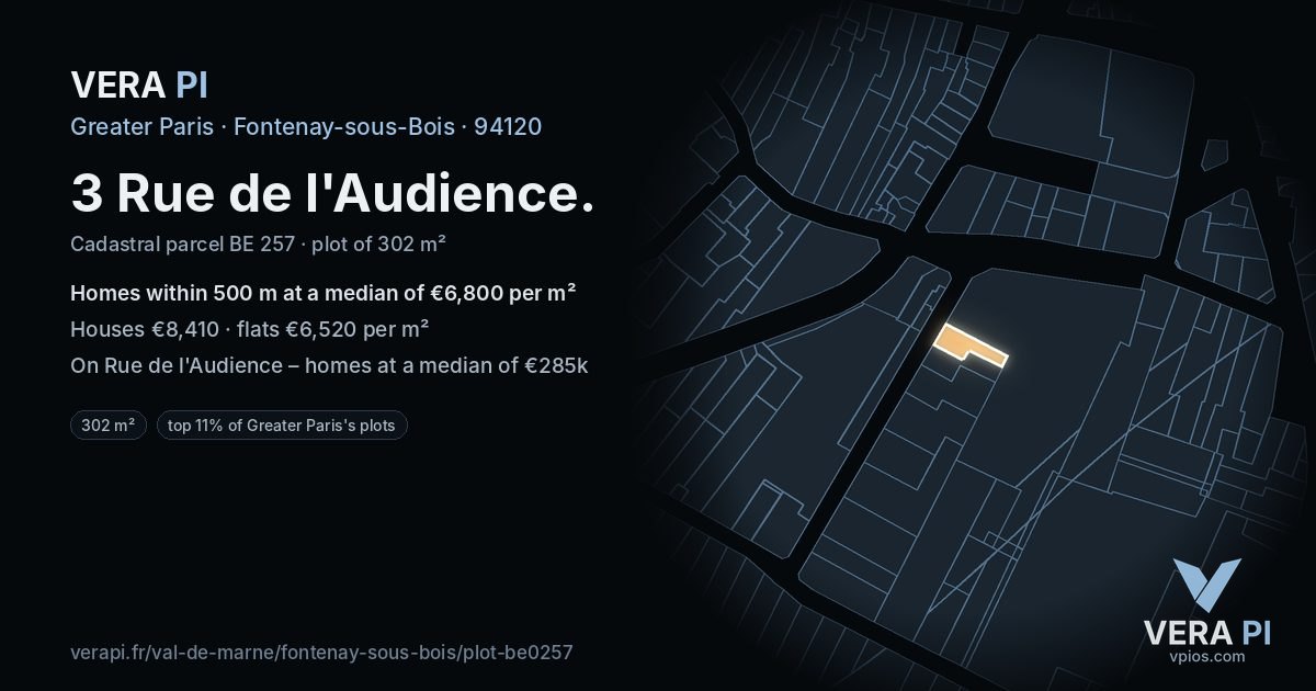 3 Rue de l'Audience, Fontenay-sous-Bois at night – the plot lit, the parcels around coloured by the prices near them