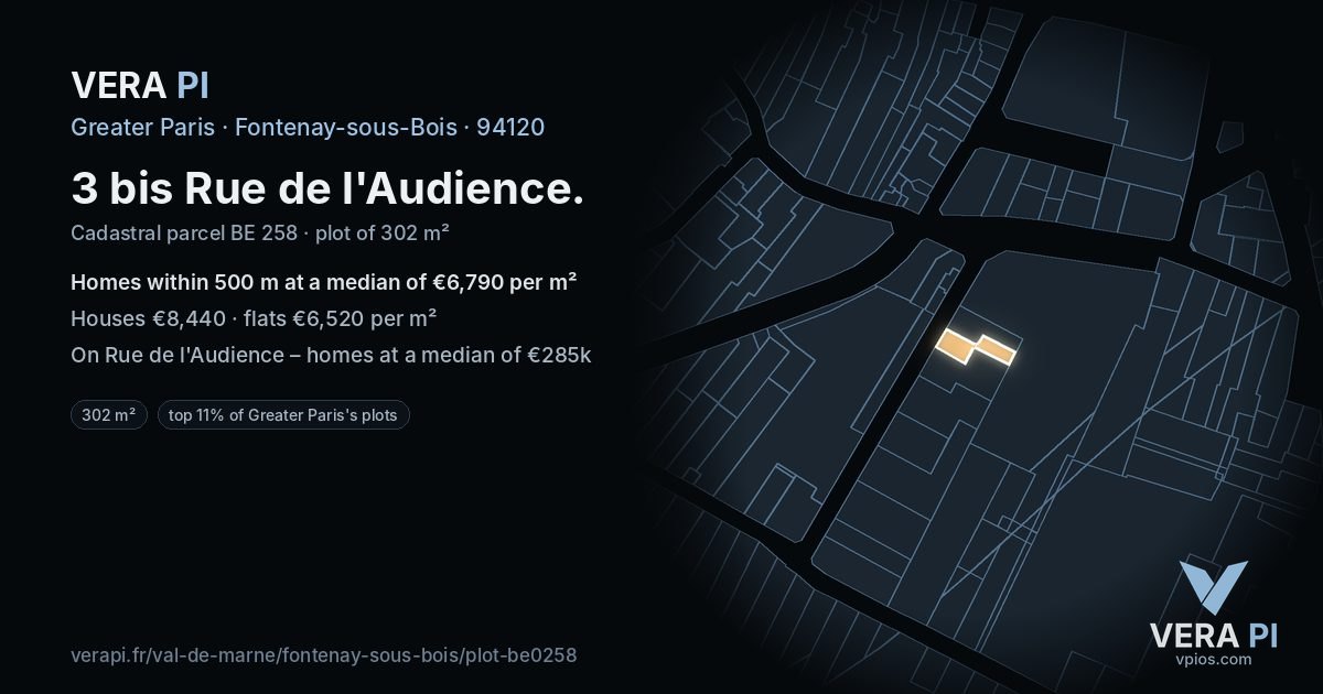 3 bis Rue de l'Audience, Fontenay-sous-Bois at night – the plot lit, the parcels around coloured by the prices near them